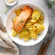 Salmon grilled and baked potato with onions, top down view - PhotoDune Item for Sale