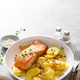 Salmon grilled and baked potato with onions - PhotoDune Item for Sale