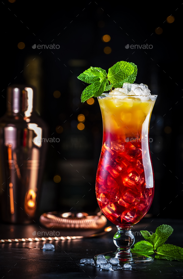 Aruba Ariba summer cocktail drink with vodka, white rum, orange, lemon and pineapple juice, gr