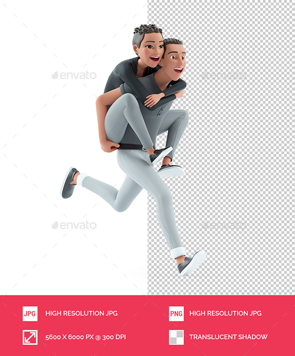3D Character Man Running with Woman on Back