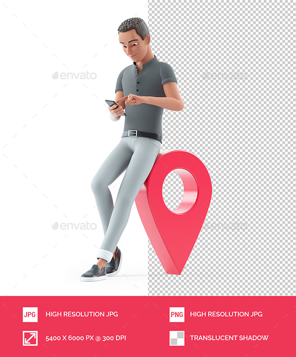 3D Character Man Using Smartphone next to Map Pin