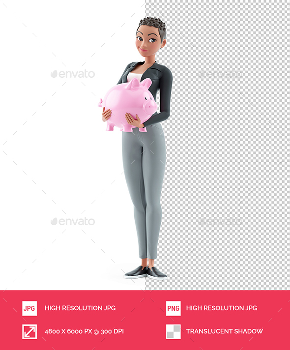 3D Character Woman Standing with Piggy Bank