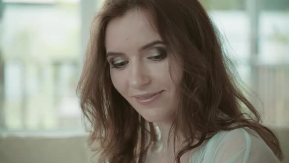 Young Beautiful Brunette Woman In Lingerie At Home alt