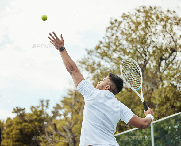 Man, tennis and serve with fitness on court and start game, sports and athlete, performance and com