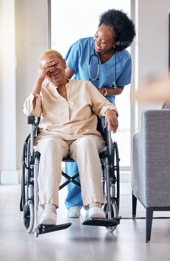 Nurse senior woman and laugh with wheelchair walk and care for