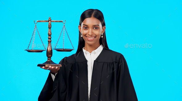 Portrait, balance scale or happy woman lawyer in studio for justice system, career services or mark