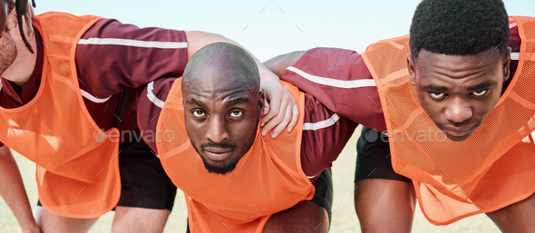 Rugby team, scrum and men in portrait for training, exercise and workout together. Sports, group hu