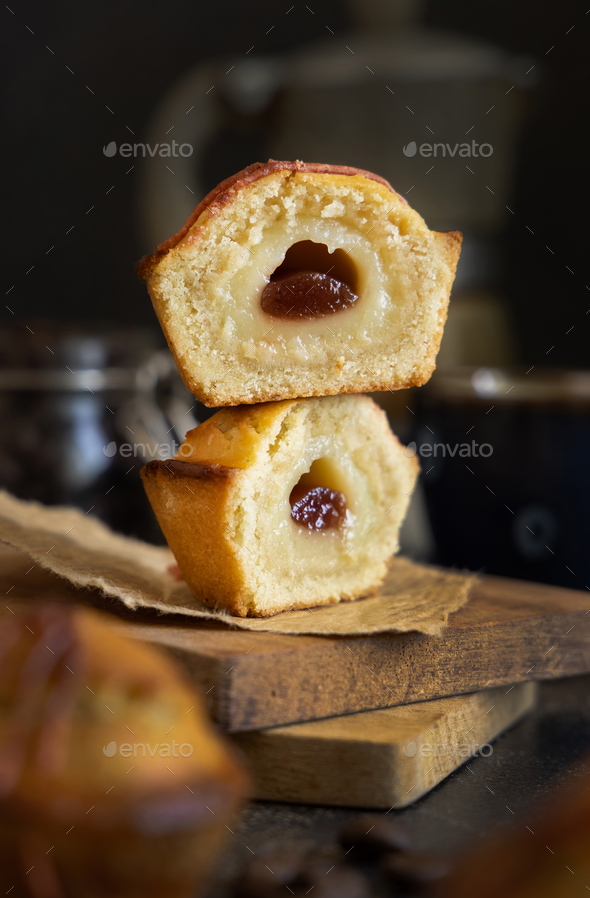 Pasticciotto leccese pastry filled with egg custard cream and sour cherry  jam close up Stock Photo by katrinshine