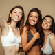 Glad millennial pretty diverse women in underwear with different