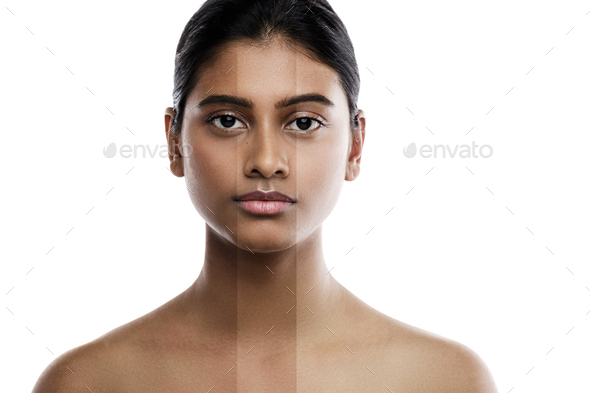 Indian woman and result of skin whitening treatment Stock Photo by