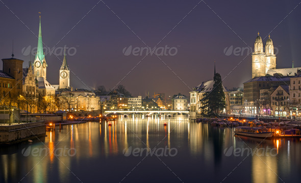 Panorama of Zurich at night - Stock Photo - Images
