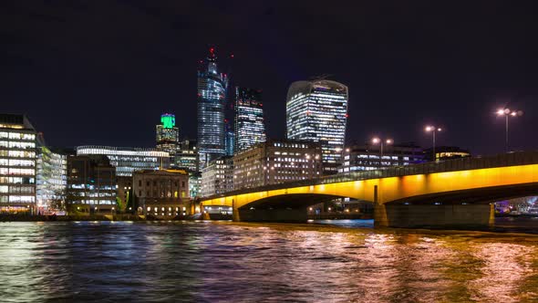 Cityscape with Night Illumination, Skyscrapers of the City of London, London Bridge, UK