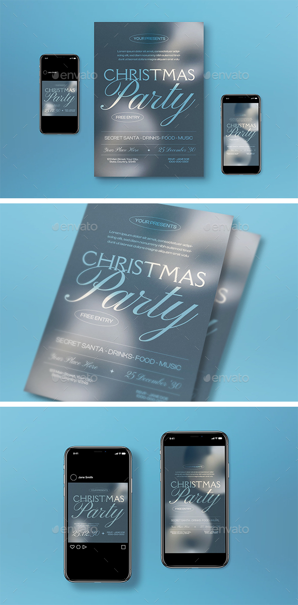 Blue Gradient Christmas Party Flyer Set