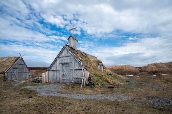 Building of Norstead viking village l'anse Meadows Newfoundland - Stock Photo - Images