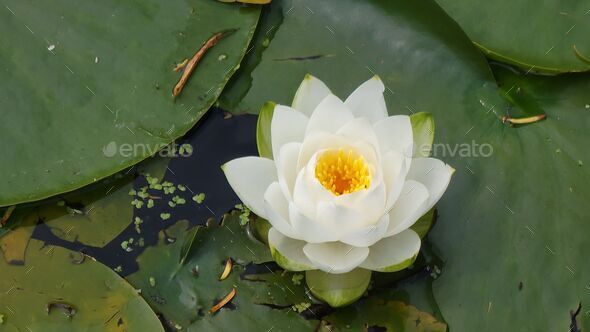 Closeup of a single Nymphaea candida water lily flower on green lily pads - Stock Photo - Images