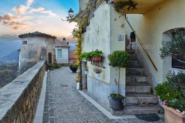 Narrow street in Fornelli village in the Molise region, Italy Stock ...