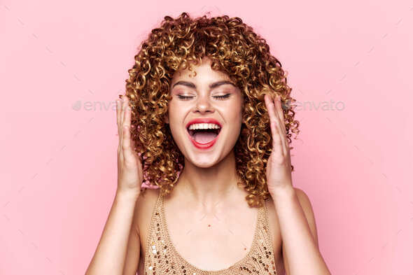 Charming model Curly hair red lips closed eyes open mouth charm