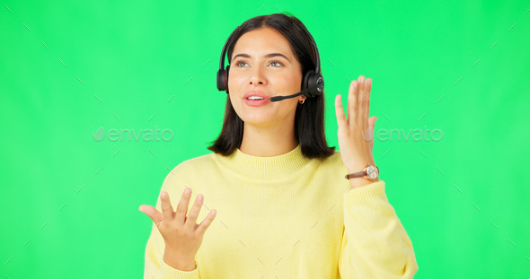 Woman, call center and consulting with headphones on green screen in customer service against a stu