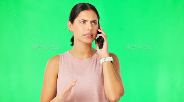 Phone call, fitness conversation and woman with green screen feeling angry and frustrated from cris