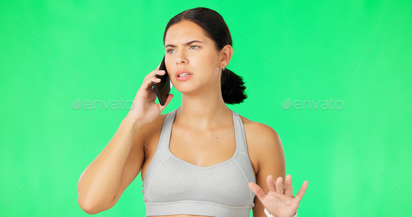 Green screen, phone call and woman with fitness, angry and frustrated against a studio background.