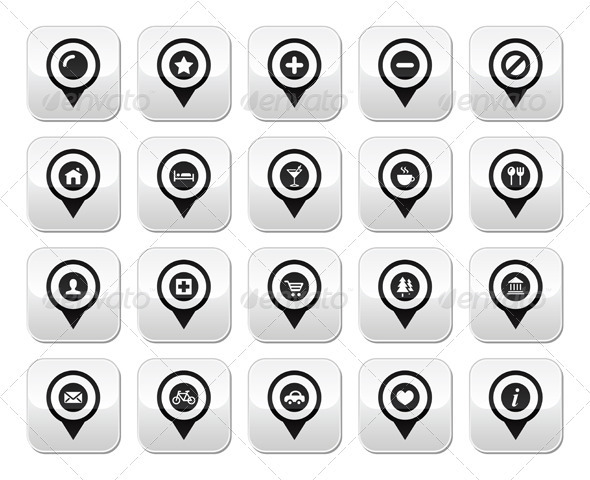 Map Location Markers, Pointers Vector Buttons Set - Travel Conceptual