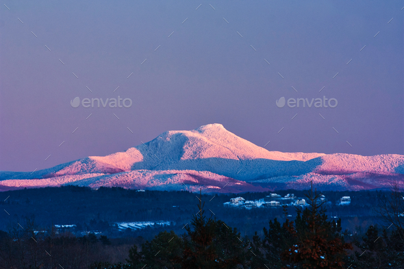 Beautiful view of snow-covered Camel\'s Hump from Burlington, Vermont