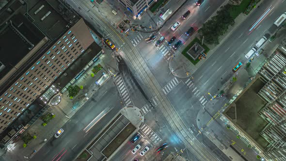 Night Time Lapse Birds Eye View Of Traffic In Downtown 
