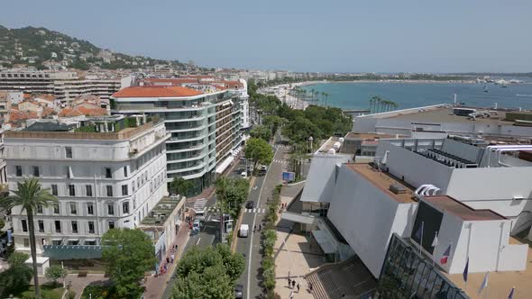 Flight over Promenade de la Croisette, a prominent road in Cannes, France alt