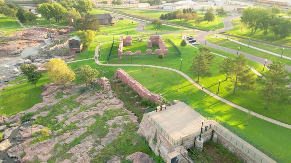 Aerial view of Falls Park in South Dakota with walking trails and observation point.