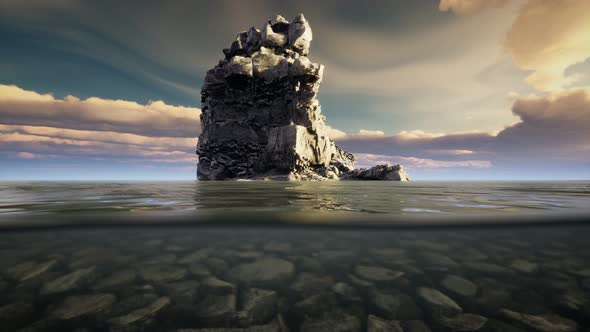 Ocean Seascape with Sky and Ocean Wave Splitted By Waterline to Underwater Part alt