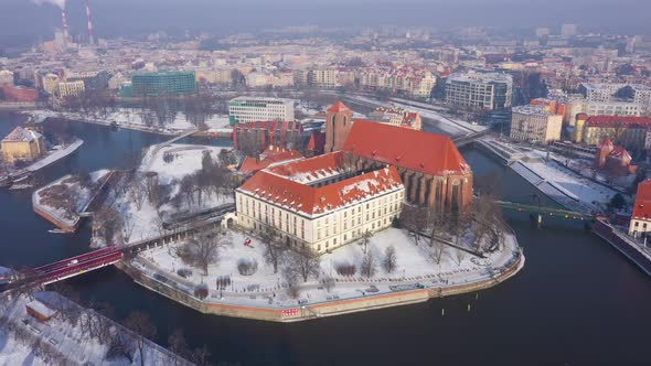 Aerial winter view of Wroclaw, Poland alt