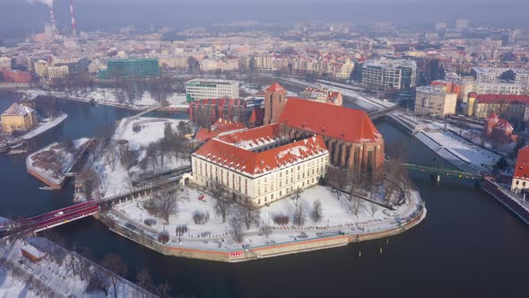 Aerial winter view of Wroclaw, Poland