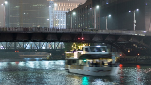 Boat Traffic on Chicago River at Night