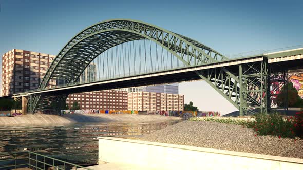 Conceptual animation of a tied-arch bridge in the fictional town. Time-lapse. HD alt