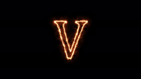 Letter V fire. Animation on a black background the letter 4K video is burning in a flame.
