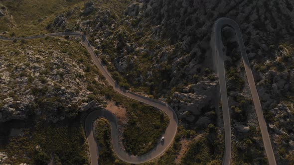 Aerial view of Road to Sa Calobra Beach betwen Tramuntana Mountain in Mallorca, Spain alt