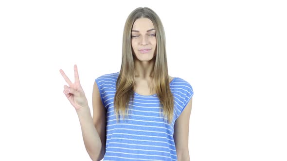 Girl Showing Victory Sign, White Background alt