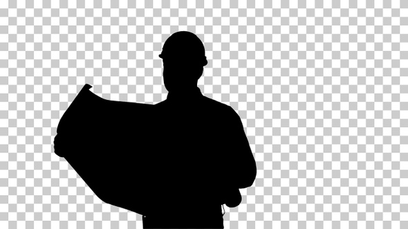 Silhouette Engineer checking plan on construction site alt