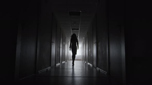 Silhouette of Businesswoman Walking along Hallway alt