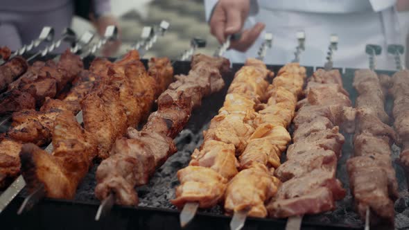 Cooking Meat on Coals in the Fresh Air