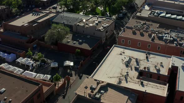 Aerial panning up to Santa Fe New Mexico Plaza Downtown alt