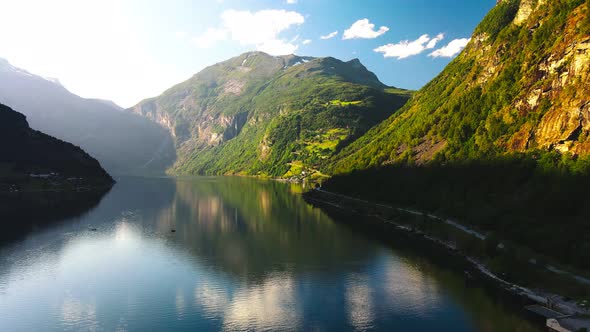 Panoramic drone landscape of Geiranger fjords, Geirangerfjord, Norway alt