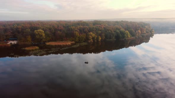 dawn at the landscape river. autumn. oak forest. Aerial view. alt