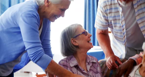 Senior friends and female doctor stroking kitten at retirement home 4k alt