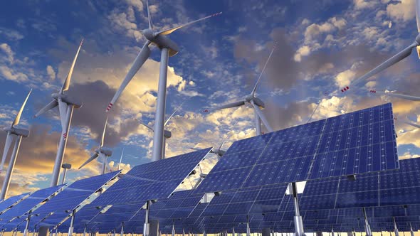 Solar and Windmill Farm Produces Renewable Energy at the Morning Sun Animation alt