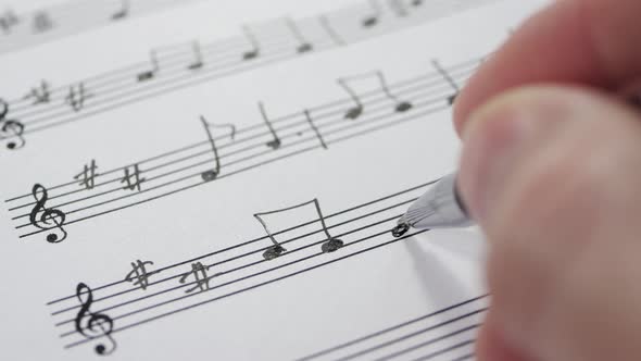 The Hand of an Unknown Musician Writes the Notes of a Composition on a Pentagram. Fountain Pen and alt