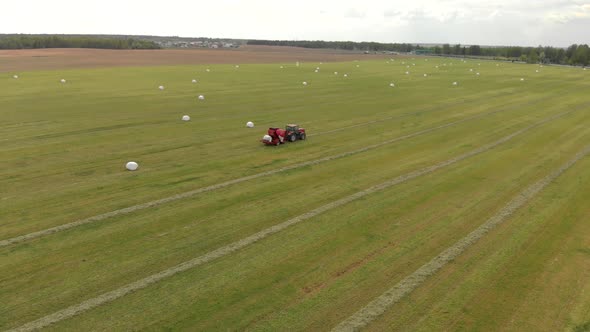 Top View of a Large Green Field with White Bales, Where a Machine for Harvesting Pressed Hay Is alt