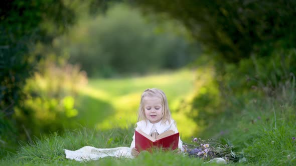 A cute little girl is sitting with a book on a green meadow. child dream concept.