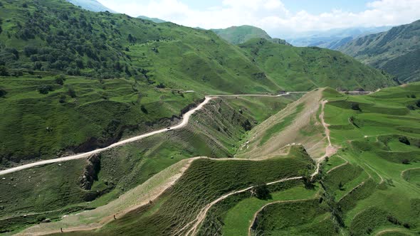 Tourists hiking on summer meadow in green mountain valley alt