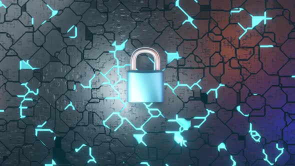 3D rendered animation of padlock protecting a digital chipset alt